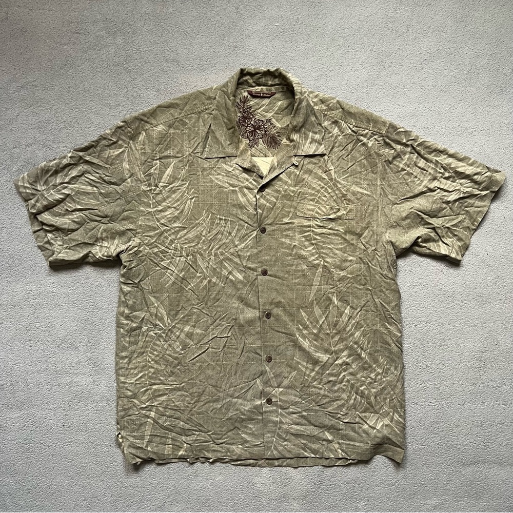 Men's Tommy Bahama Silk Hawaiian Green Leaf Short Sleeve Button Up Shirt Size-XL